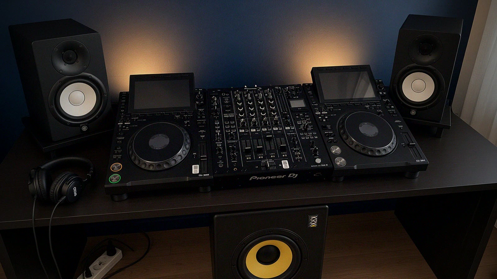 The full studio setup: two CDJ-3000X, a DJM-A9, Yamaha monitors and a KRK subwoofer